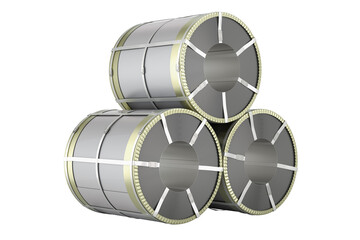 Poster - Stack stainless steel coils. Rolls of steel sheet, 3D rendering isolated on transparent background