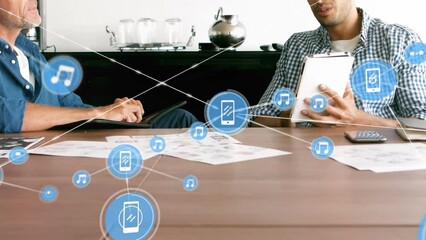 Poster - Animation of network of digital icons over two diverse men discussing over a tablet at office