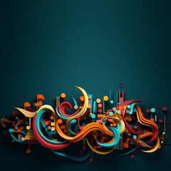 Wall Mural - modern multicolor music background with abstract structure and musical notes, futuristic and surreal sound sculpture with curved shapes
