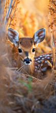 Baby Fawn Is Peeking Out Of The Tall Grass - Wildlife And Protection Concept - Generative AI
