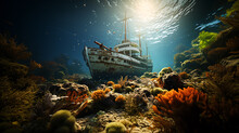 The Wreck Of An Old Boat, Which Sank Among The Coral Reefs - Generative AI