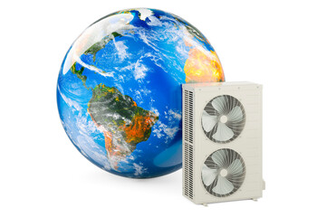 Wall Mural - Outdoor Compressor Multi-Zone Unit, Air Conditioner with Earth Globe. 3D rendering