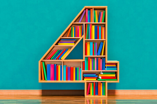 Number 4 in the form of shelves with books in the room near wall, 3D rendering