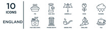 England Outline Icon Set Such As Thin Line Pie, Umbrella, Raining, Phone Booth, England, Tea, Fish And Chips Icons For Report, Presentation, Diagram, Web Design