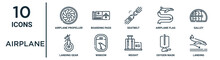 Airplane Outline Icon Set Such As Thin Line Airplane Propeller, Seatbelt, Galley, Window, Oxygen Mask, Landing, Landing Gear Icons For Report, Presentation, Diagram, Web Design
