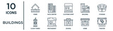 Fototapeta Londyn - buildings outline icon set such as thin line home, clothing shop, stadium, restaurant, home, theater, clock tower icons for report, presentation, diagram, web design