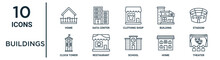 Buildings Outline Icon Set Such As Thin Line Home, Clothing Shop, Stadium, Restaurant, Home, Theater, Clock Tower Icons For Report, Presentation, Diagram, Web Design