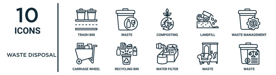 waste disposal outline icon set such as thin line trash bin, composting, waste management, recycling bin, waste, carriage wheel icons for report, presentation, diagram, web design