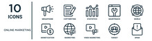 Online Marketing Outline Icon Set Such As Thin Line Megaphone, Statistics, World, Marketing, Target, Spam, Monetization Icons For Report, Presentation, Diagram, Web Design