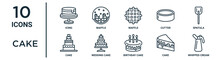 Cake Outline Icon Set Such As Thin Line Icing, Waffle, Spatula, Wedding Cake, Cake, Whipped Cream, Icons For Report, Presentation, Diagram, Web Design