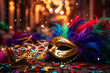 Lively Mardi Gras scene with masked revelers dancing amid floating confetti and vibrant feathers in the streets