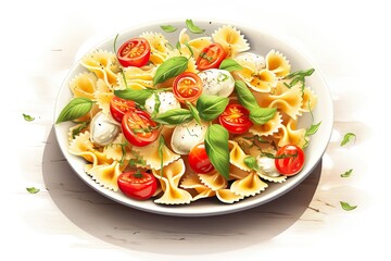 Wall Mural - Pasta colored farfalle salad with tomatoes, mozzarella and basil. Illustration | Generative AI