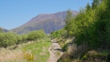 Empty Wilderness Gravel Trail Stretching Towards Ben Nevis Mountain On A Sunny Day In Scotland 