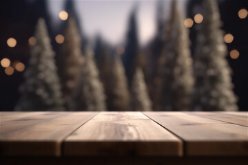 Wall Mural - Christmas and New year background with empty dark wooden deck table over christmas tree and blurred light bokeh. Empty display for product montage. Rustic vintage Xmas background.