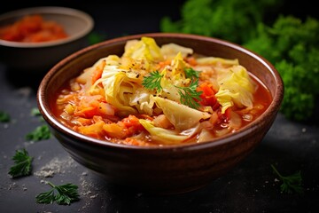 Wall Mural - Hearty Homemade Cabbage Soup in a Bowl on Concrete Background for Your Fall Menu | Generative AI