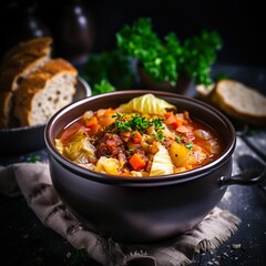 Wall Mural - Hearty Homemade Cabbage Soup in a Bowl on Concrete Background for Your Fall Menu | Generative AI