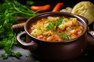 Wall Mural - Hearty Homemade Cabbage Soup in a Bowl on Concrete Background for Your Fall Menu | Generative AI