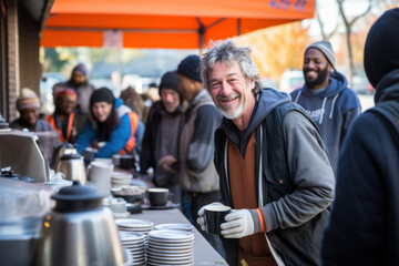 Positive homeless white man standing at the table in a street dining hall, surrounded by other individuals