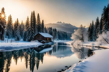  beautiful winter house with the lake and forest and trees  and the roof of house covered with snow beautiful landscape, as concept of winter coming. 4k HD Ultra High quality photo.