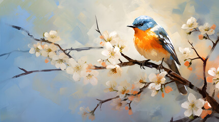 Wall Mural - Blue Orange Bird Sitting on Spring Branch Acrylic Painting. AI generative. Canvas Texture, Brush Strokes
