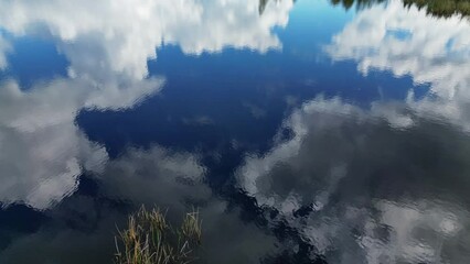 Wall Mural - aerial top view of blue sky with clouds reflection in water of lake, abstract background, 4k