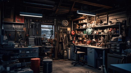 Wall Mural - Interior garage with mechanic tools