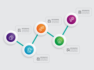 horizontal round circle steps timeline infographic element report background with business line icon 5 steps for any business-related presentation or publication