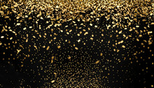 Raining Gold Confetti Isolated On Black, Party Background Concept With Copy Space For Award Ceremony, New Year's Eve And Jubilee
