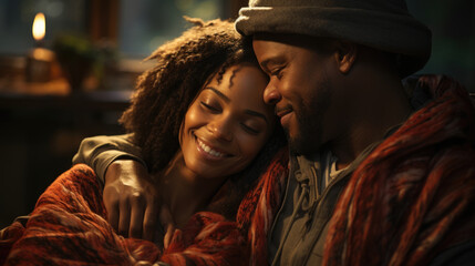 Wall Mural - An African American couple sitting close together on a cozy sofa their faces illuminated by the warm light of a fire. His strong arms