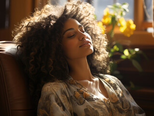 Wall Mural - A black woman lounging peacefully in a cozy armchair with her eyes closed and her lips curved in a contented smile. Her goldenbrown