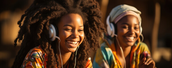 Sticker - Two teenage African girls stretched out on a beach blanket with their respective iPods in hand letting loose with happy laughter while