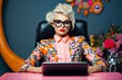 © aicandy - A Bold and Expressive Businesswoman: A Glamorous Avant-Garde Portrait of a Confident Woman with Short Hair, Red Lips, and Black-Framed Eyewear, Sitting at a Modern Desk