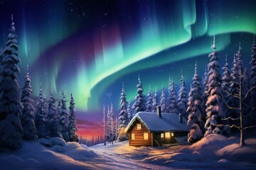 Wall Mural - Enchanted Lapland Retreat: Detailed Winter Cabin, Rising Smoke, Snowy Forest, and Night Sky Aurora