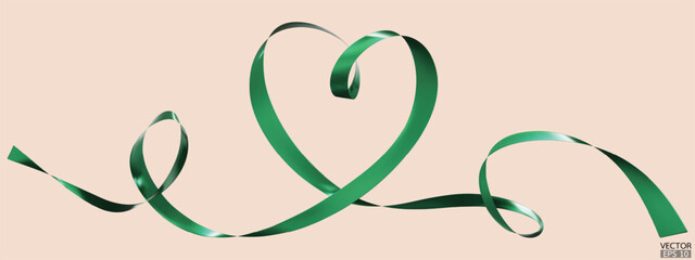 Wall Mural - Green ribbons heart isolated on beige background. Continuous ribbon line art drawing. Element for Valentine's day, mother's day wedding and print. 3D vector illustration.