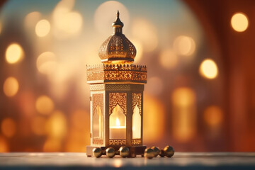 Ornamental Arabic lantern with burning candle glowing . Festive greeting card, invitation for Muslim holy month Ramadan Kareem. Ramadan Kareem greeting photo with serene mosque background