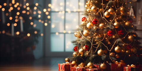 Wall Mural - Decorated Christmas tree with lights bokeh blurred background, AI generate