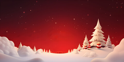 Wall Mural - Red background Christmas landscape Christmas tree in the snow, AI generate