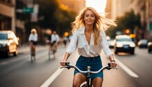 Blonde woman riding a bicycle in the city during golden hour