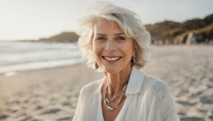 Sticker - Smiling senior woman posing at beach looking at camera, retirement and vacation