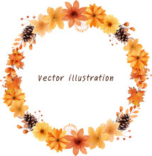 Autumn Leaves Flowers Frame Wreath Watercolor Ornament Vector Illustration
