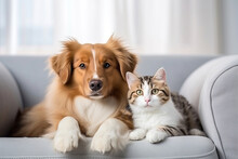 Cat And Dog Together On The Sofa