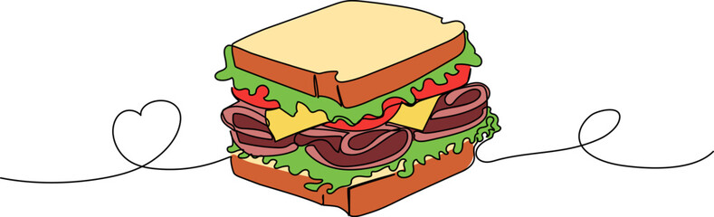 Wall Mural - Continuous one line drawing of sandwich. Simple vector illustration