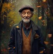 Generative AI : Portrait hand drawing of old senior mature man with fall or autumn color concept character for advertising with copyspace