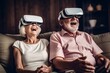 Generative AI : Candid of attractive senior asian couple using virtual reality or vr glasses technology or innovation playing game for fun together at home Old asian parents lifestyle at home in retir