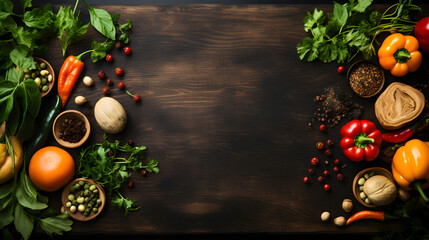  Spice herbs and vegetables frame food background and empty cutting board