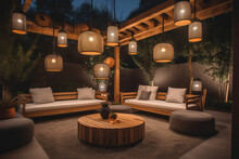 A Modern Outdoor Living Room With Unique Hanging Lighting Fixtures