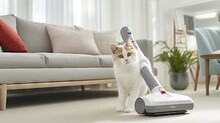A Curious Cat Sitting Next To A Vacuum Cleaner, Reflecting The Order And Cleanliness In Homes With Pets. Generative AI