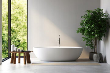 Modern minimalist bathroom interior design with white bathtub and green plants