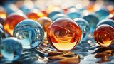 Fototapeta Kosmos - Create a photorealistic scene of flying spheres made of different shades of colored glass and in different sizes, clean background. realistic depiction of refraction, the scene should shine in bright 