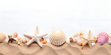 Beach / Sea Themed Banner Or Header With Beautiful Shells, Corals And Starfish On Pure White Sand - Summer Concept